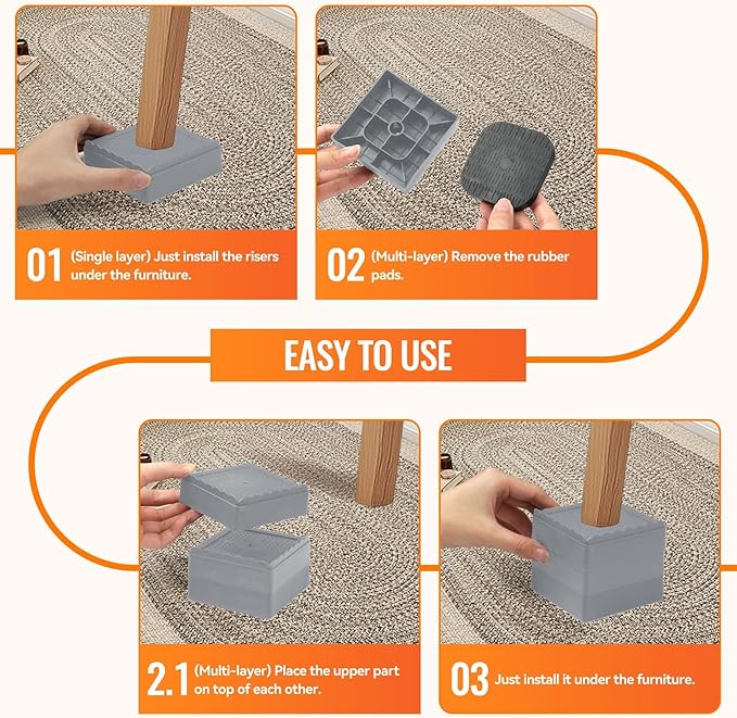 shouwuhho Furniture Risers, 8 Pack Bed Risers with Non-Slip Grip and Heavy Duty Support, 1 Inch 2 Inch 3 Inch 4 Inch Height Lift for Couch, Sofa, Table, Desk, Chair, Refrigerator - Gray, 1 Inch
