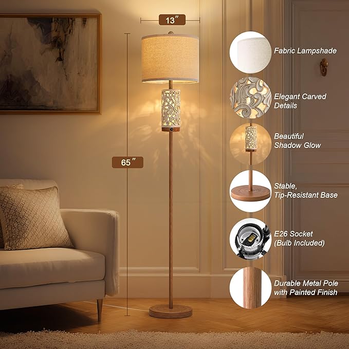 65" Floor Lamp with Night Light,Farmhouse Floor Lampfor Bedroom,Tall Floor Lamp for Living Room,Vintage Standing Lamp with Linen Shade,Boho Reading Lamp for Home Decor (Brown,Bulbs Included)