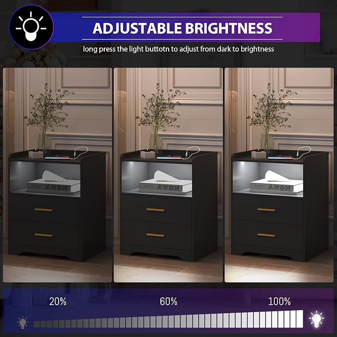 dnbss RGB Nightstand with Charging Station, Smart Bedside Table, Black | LED Night Stand, 2 Drawers, 1 Compartment, Human Body Sensor, Modern End Side Table for Bedroom Living Room Office Storage