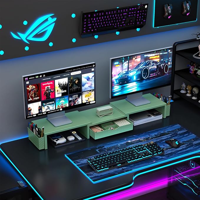 gianotter Dual Monitor Stand Riser With Drawer and 2 Pen Holders | Desk Organizer and Accessories Computer Monitor Stand, Desk Shelf for Top of Desk (Sage Green)