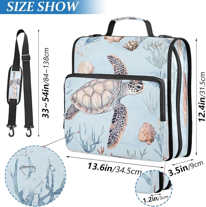 3 Ring Zipper Binder Watercolor Sea Turtle Binder Organizer Portfolio with File and Shoulder Strap & Handle Large Capacity File Folder