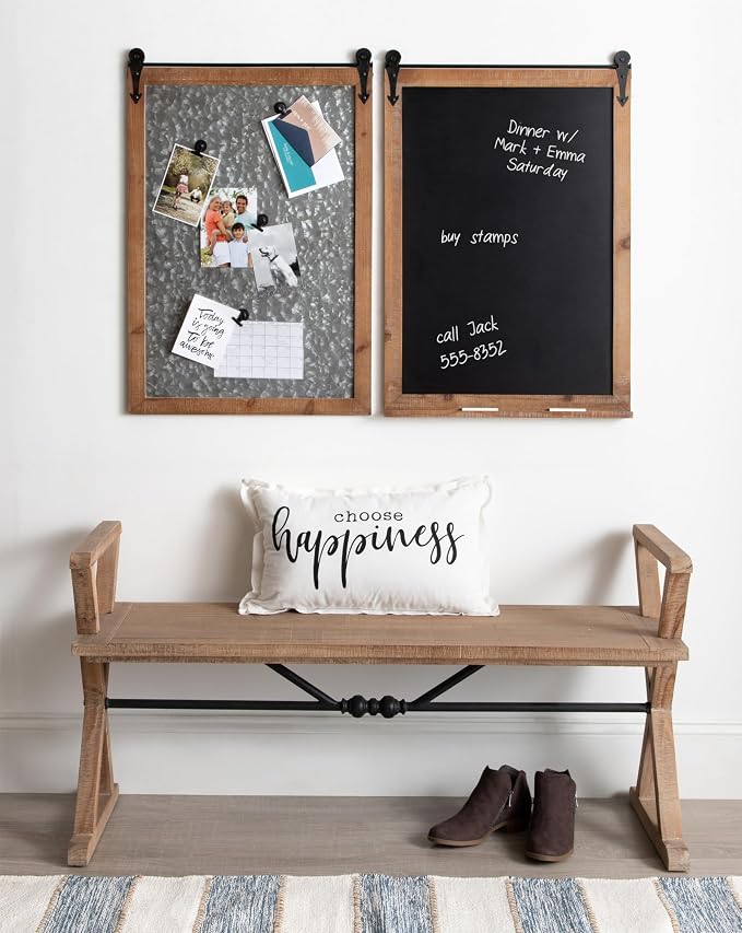Kate and Laurel Cates Modern Farmhouse Barn Door Wood Framed Galvanized Metal Magnetic Memo Board, Rustic Brown