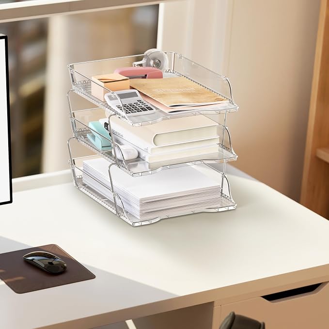 Simple Houseware 3-Tier Stackable Paper Tray for Desk Organizer, Clear | Desktop File Holder for A4/Letter Size Documents, File Sorter, Paper Holder, Office File & Accessories Storage