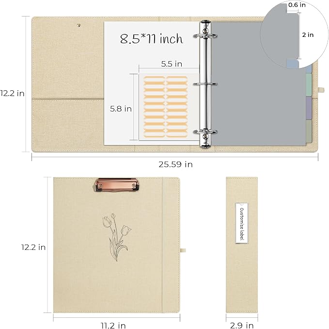EYROZILL 3 Ring Binder 2 Inch, Binder for Letter Size (11" x 8.5") with 5 Tab Dividers, File Folder Labels and Low Profile Clipboards, Tulip White