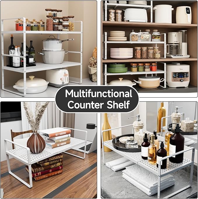 jkxoo 2Pack Expandable Cabinet Shelf Organizers, Stackable Metal Shelves Extender for Kitchen Countertop Storage, Adjustable Spices Shelves Rack Stand for Cupboard Pantry, Black