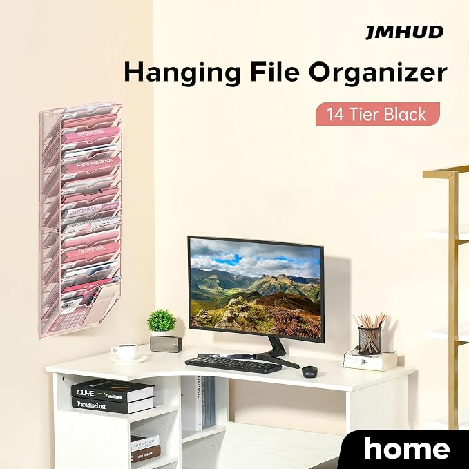 14-Tier Wall File Organizer and Hanging File Organizer, Pink | Wall Organizer and Wall Mounted File Holder with 14 Pockets and Label Panels for Files, Mail, Folders, Magazines and Paper