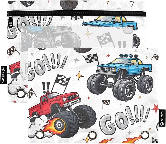 Truck Racing Car Flag Pencil Pouch for 3 Ring Binder, 2 Pack Waterproof Pencil Bags Clear Window Pencil Case Zipper School Office Supplies