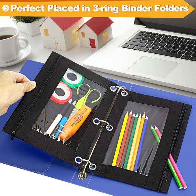 3 Ring Binder Pencil Pouch, 36 Pack Bulk Black Zipper Pencil Cases with Clear Window, Cloth Binder Pouches with 3 Holes, Durable Pencil Bags for Classroom School Office Supplies (Color of Black)