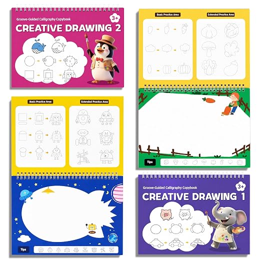 ROYFACC Grooved Writing Books Groove Handwriting Practice for Kids 3-8 Large Reusable Groove Workbooks Tracing Books Preschool Learning Letter Number Math Drawing with Disappearing Ink Pens, 6 Books