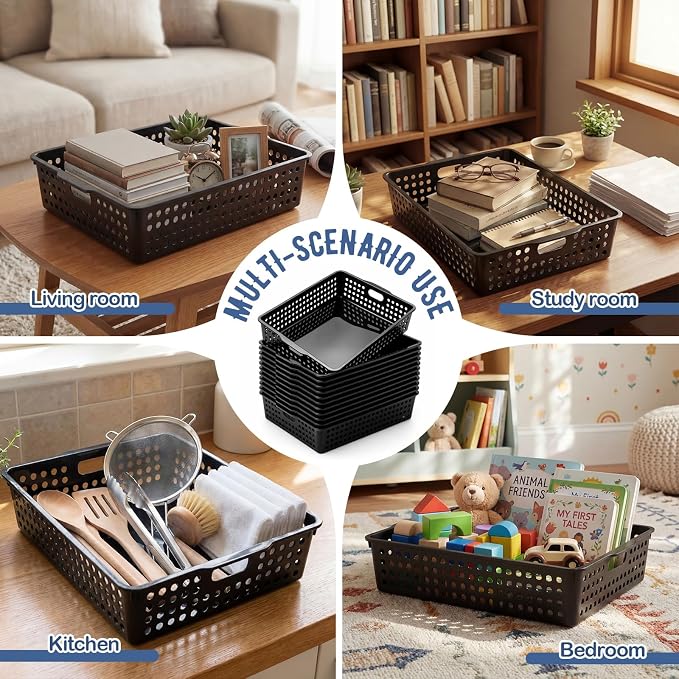 Geetery 6 Pack Classroom Storage Baskets with Handle,Black | 14''x10'' Paper Tray Holds A4 Turn in Trays Plastic Paper Baskets Desk Organizer Bin for Classroom, Library, Office, Home