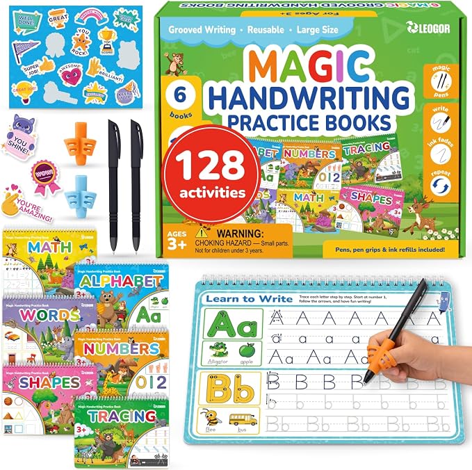 LEOGOR Magic Grooved Writing Practice for Kids - 6 Grooved Writing Books for Kids 3-5 & 6-8 - Disappearing Ink Handwriting Books - Traceable Letters Numbers for Preschool - Reusable Learning Activity