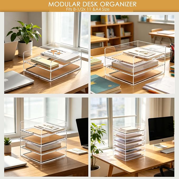 Acrylic Paper Organizer Letter Tray, Stackable Desk Organizer, 4-Tier | Desk Organizers and Accessories, Vertical File Tray, Workspace Office Supplies Organizer for Office Classroom Home, Clear