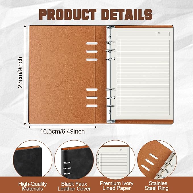 Henoyso 4 Pcs A5 Binder 6 Ring Notebook, Refillable Planner Binder, Small Leather Writing Journal with 100 Sheets Paper, Professional Notebook for Office School Supplies, Budget, 9 x 6.49 Inch, Black