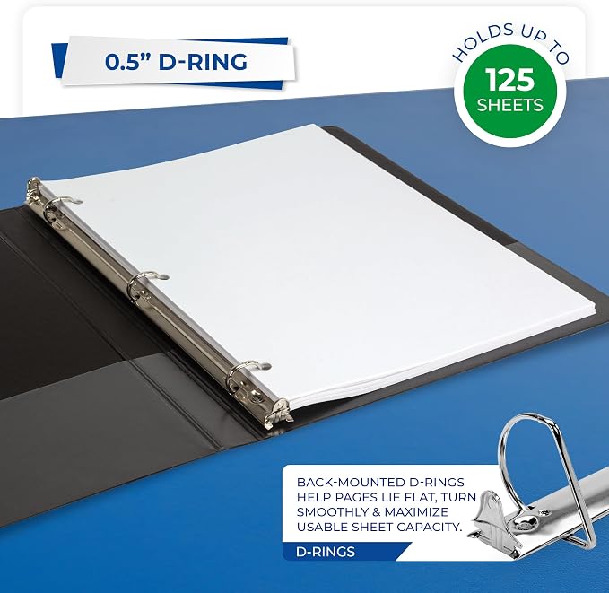 Samsill Durable 0.5 inch 3 Ring Binder, D Ring Binder,100% Recycled Chipboard, Black
