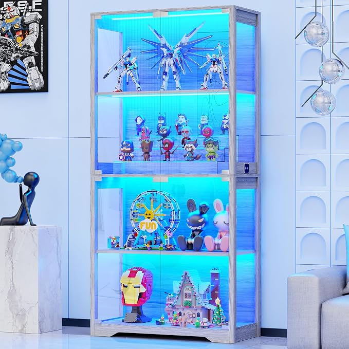 BROTTAR Display Cabinet with Glass Doors, 4-Tier Display Case, Gray | Curio Cabinet with 3 Color Lights for Collectibles, Storage Cabinets with Human Body Sensor