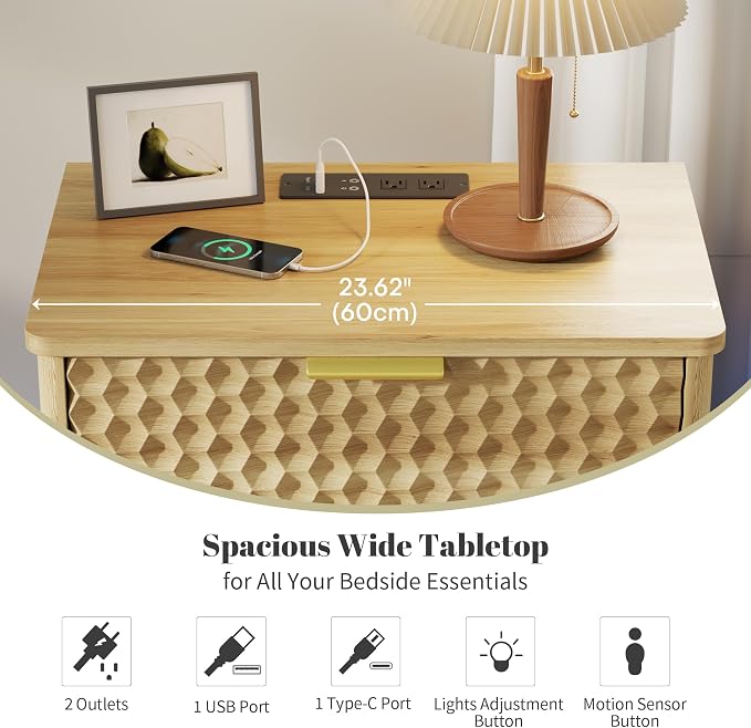 Smart Nightstand with Charging Station and LED Lights, Natural Oak | 23.62" Wide Night Stand with 2 Drawers, Motion Sensor Motion-Activated Underlight, Honeycomb Bedside Table for Bedroom