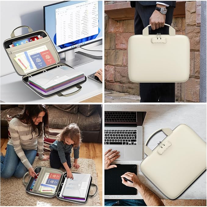 Fireproof Binder Organizer with 20 Pack Binder Pockets & Lock,Beige | Important Document Box with Zipper,Water Resistant Hard Case, Portable Home Office Safe Storage Protection for Letter Size