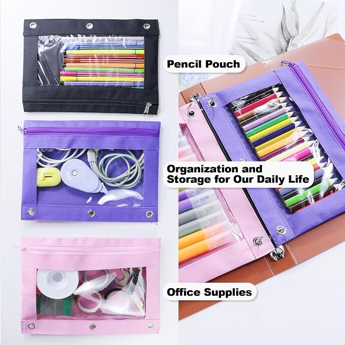 24 Pack 3 Ring Binder Pencil Pouch Bulk for School, Classroom, Office | Clear Pencil Case with Smooth Zipper, Clear Window Pencil Bag for Jewelry, and Cosmetic, Black