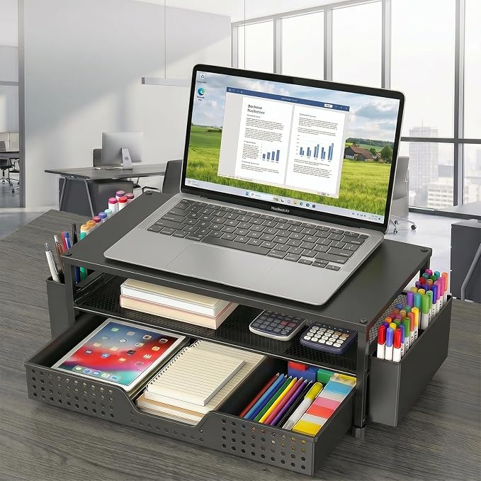 ECOLOVI Desk Organizer and Accessories, 2-Tier Computer Monitor Stand Rise with Storage Drawer & 2 Pen Holders, Laptop & Printer Stand for Desktop, Workspace Organizers for Office Supplies (Black Wood)