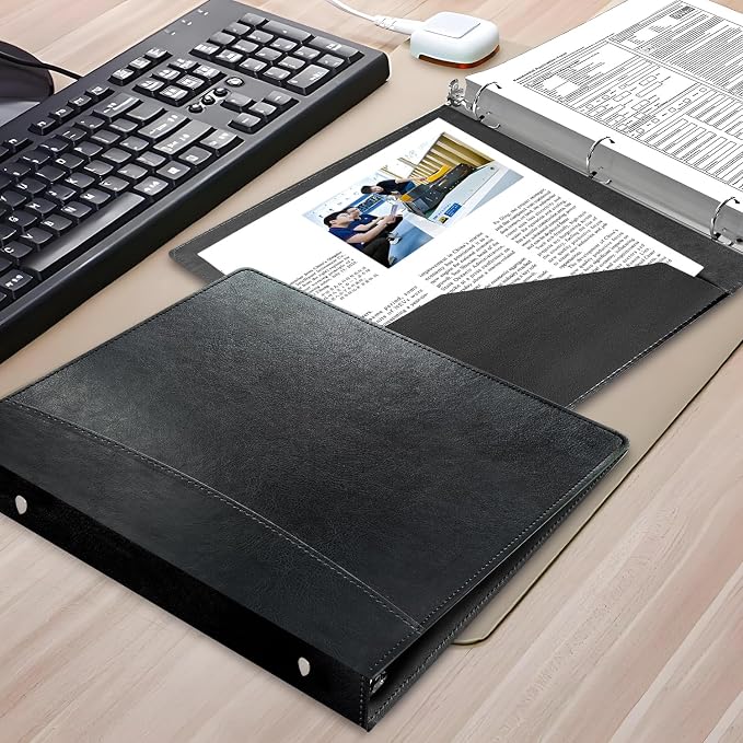 Vintage Faux Leather 3-Ring Binder, 2-Inch Spine, Round Ring, Fits Letter Size 8.5" x 11" Paper, Built-in Interior Pockets, Professional Document Binder (Black, 2 Inch)