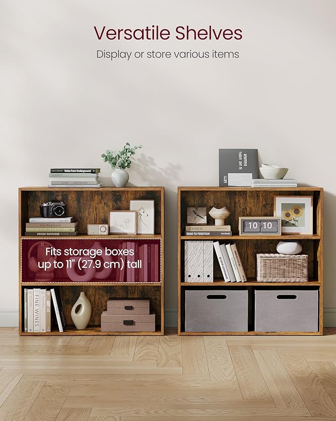 VASAGLE Set of 2 Bookshelves, 31.5 Inches Wide, 3-Tier Open Bookcases with Adjustable Storage Shelves, Floor Standing Units, Rustic Brown ULBC173X01-2
