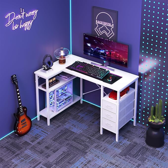 DUMOS L Shaped Desk with Power Outlet, Study Table | 47 Inch Corner Computer Gaming Unit, Adjustable Shelves, Home Office Bedroom, Modern White