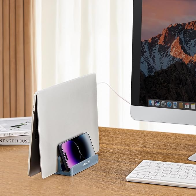 JARLINK 4-in-1 Adjustable Vertical Laptop Stand, Aluminum Holder, Grey | Space-Saving Aluminum Laptop Holder, Compatible with All MacBook, Surface, Chromebook, Phone, and Gaming Laptops.