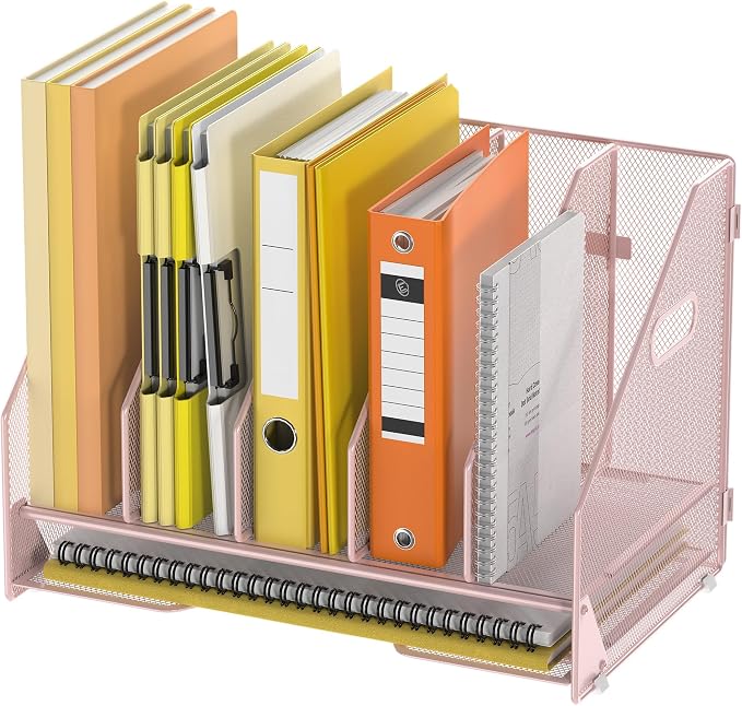 Docnest Mesh Desk File Organizer, 5 Vertical Compartment Box Sorter, Pink | Features 4 removable middle dividers for custom spacing and a bottom letter tray to hold paper, mail, and documents