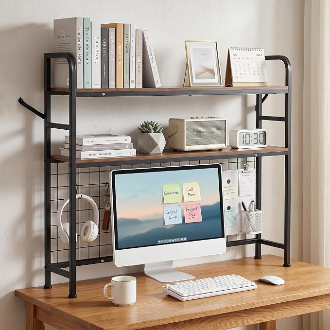 2-Tier Desktop Bookshelf Organizer, Dorm Desk Hutch with DIY Grid | Desktop Bookshelf Organizer With Metal Grid Panel, Desktop Bookshelf Organizer For Dorm, Office Or Home, Rustic Brown