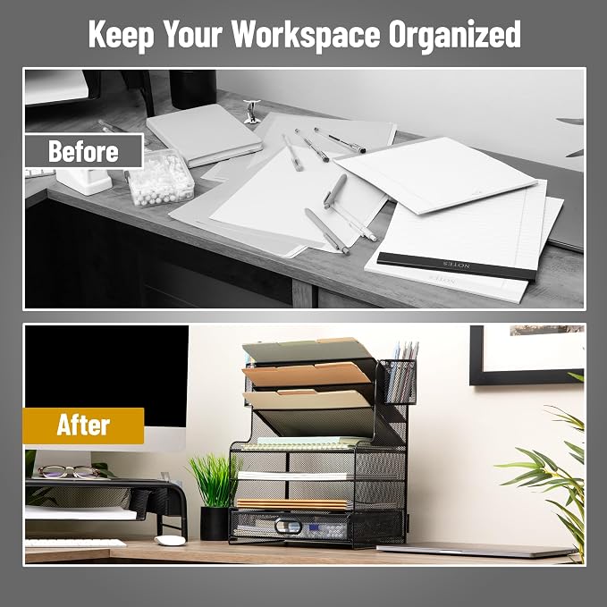 Mind Reader Mesh Desk Organizer, 6 Compartments, 1 Drawer, 2 Pen Cups, Office Desktop Organizer, Metal Mesh, Black