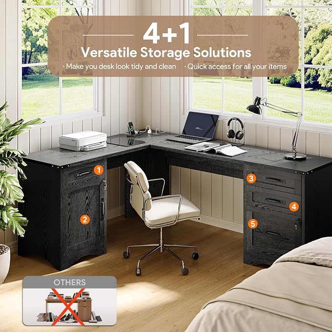 Decofy 67" Farmhouse L Shaped Standing Desk with Drawers Home Office Executive Desks with Fast Charging Station, Lockable File Cabinet, Wood Writing Computer Desk for Work, Study