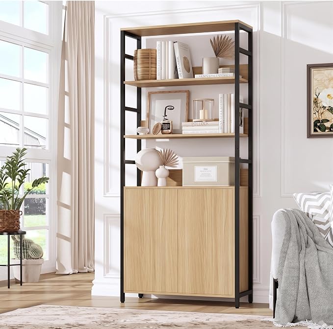 Garvee 71" Tall Bookshelf with Doors and Adjustable Shelf, Natural | Industrial Display Standing Shelf Rack with 3-Tier Shelves, Bookcase with Protective Rails for Living Room, Office
