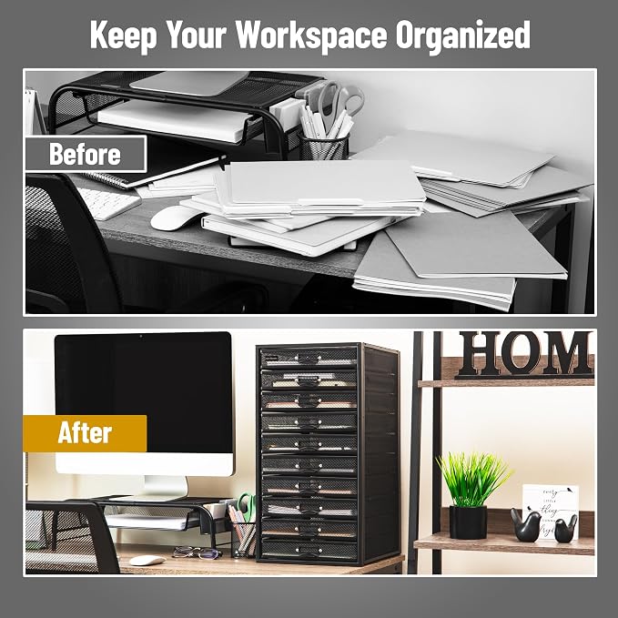 Mind Reader 10-Drawer Desk Organizer for Office Supplies, Crafts, Mail Sorting & More, Metal Mesh, Black