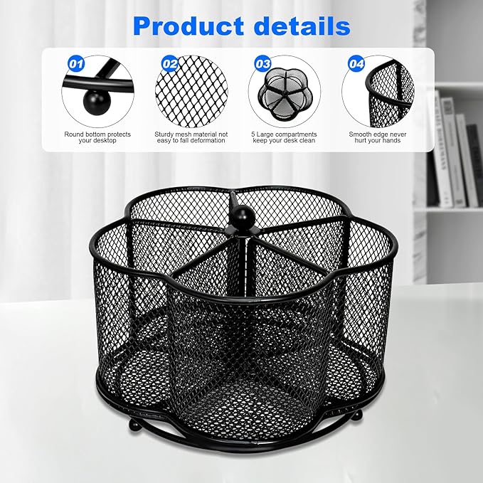 Pen Holder for Desk,360 Degree Rotating Pencil Holder Organizer | 5 Compartments,Large Capacity Pencil Holder for Desk,Metal Rust Prevention,Workspace Pen Organizers for Home(Black, No hook)