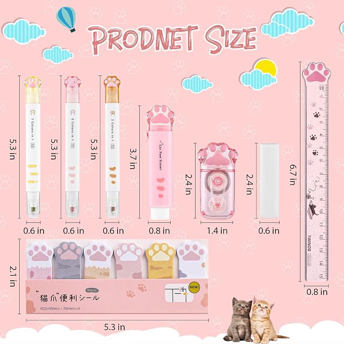 8 Pcs Cute Cat Paw Stationery Set Kawaii School Office Supplies Including Eraser Correction Tape Highlighters Sticky Notes Ruler for Cat Lovers Students (Pink)