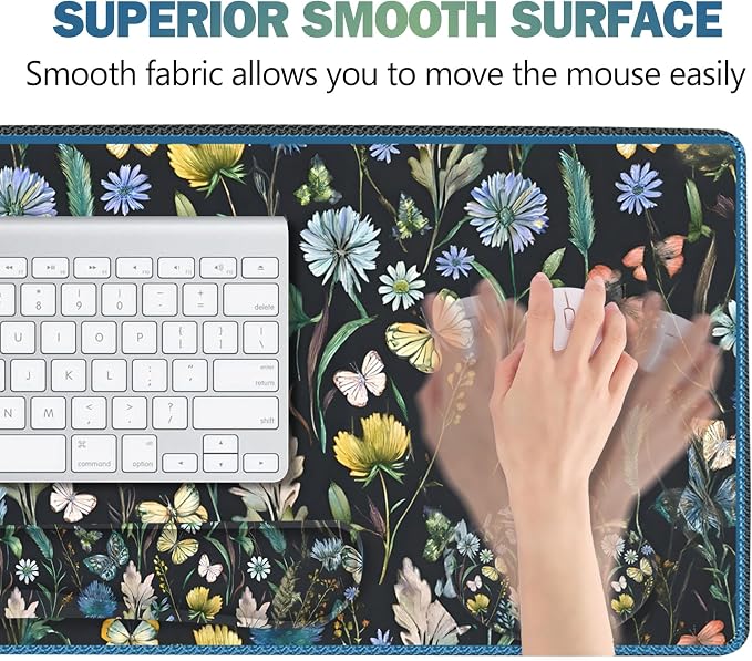 Keyboard Mouse Pad Set, Extended Mouse Pad with Keyboard Wrist Rest Support, Memory Foam Ergonomic Desk Pad Set for Home Office, Flower Leaf Butterfly