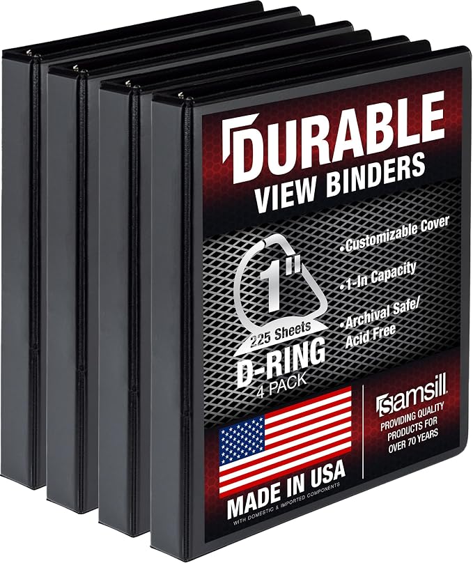Samsill Durable 1 inch 3 Ring Binder, D Ring Binder, 100% Recycled Chipboard, Black, 4 Pack