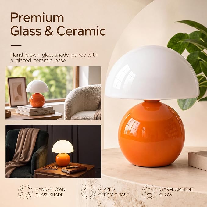 Mushroom Lamp Table Lamp for Bedroom,Desk Bedside Small Lamps for Living Room Night Stands,Mushroom Decor Cute Mini Modern Mid Century Lamps,Unique Aesthetic Home Living Room Decor(Orange)