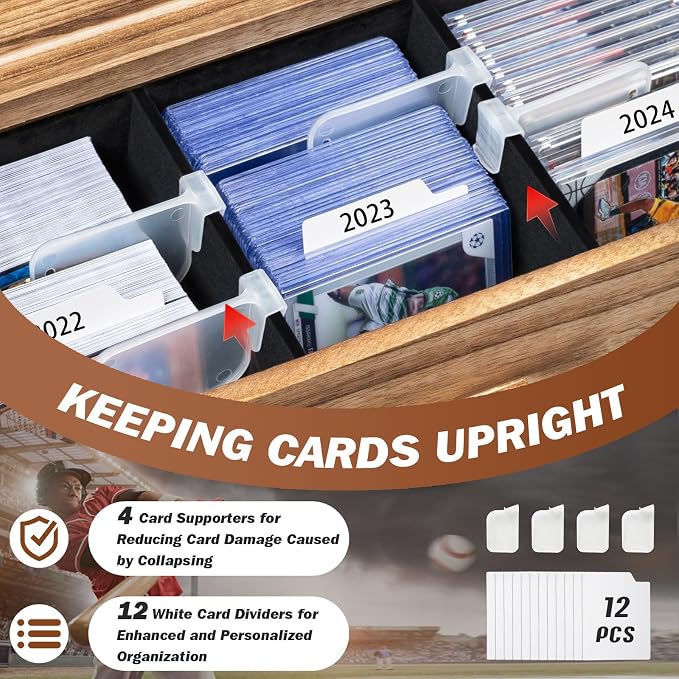 Emfogo Trading Card Display, 3-Tier Card Display Case with Custom Drawer, Wood Graded Card Display with Supporters and Dividers, Sports Card Display Case (Brown)