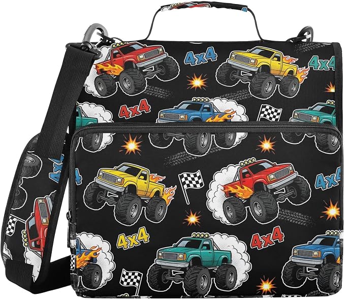 Monster Truck Black Print Zipper Binder Bag 3 Ring with Shoulder Strap & Handle Multi Pocket Binder Organizer Bag Large Capacity for School Office Supplies