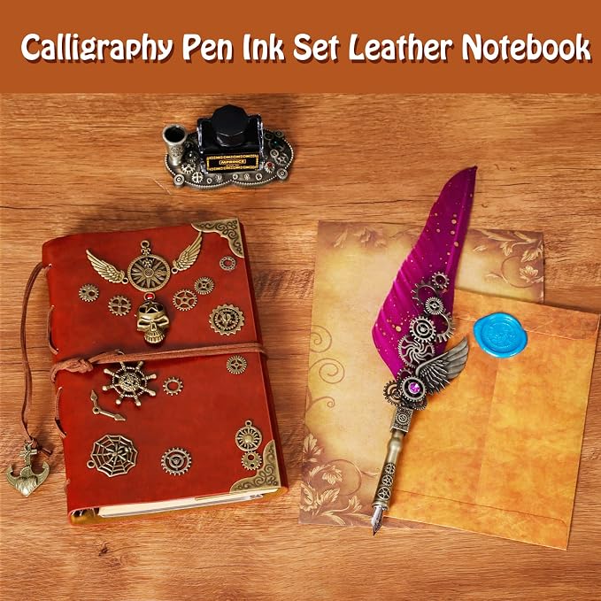 Aifeiter Quill Pen and Ink Set With Quill and 5 Replaceable Nibs,Seal Stamp,Spoon,Wax Beads,White Wax,Pen Holder, Cup,Envelope,Letter Paper,Envelope Tool(purple)