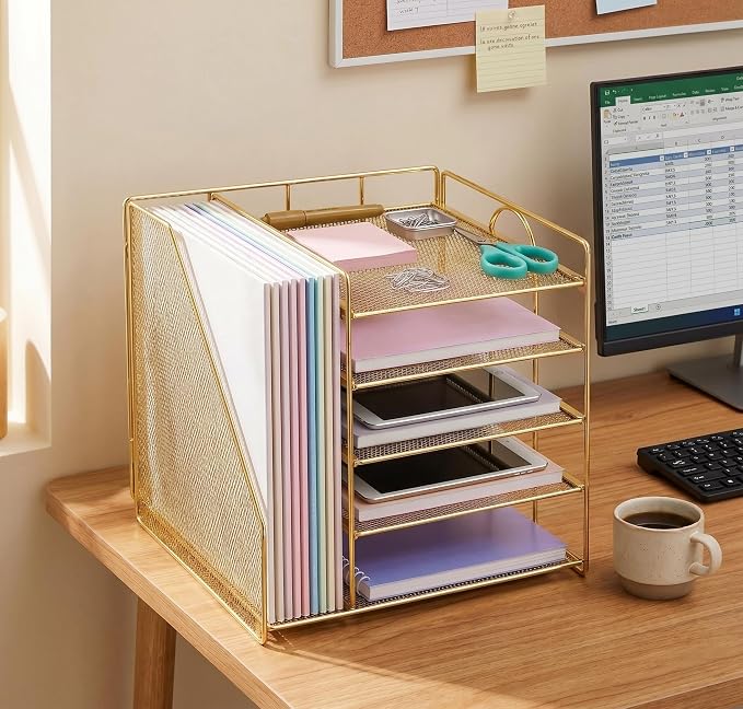 Desk Organizer, 5-Tier Paper Organizer Letter Tray, Gold | Desk Organizers and Accessories, Office Desk Accessories & Workspace Organizers, Desktop File Organizer for Office Supplies