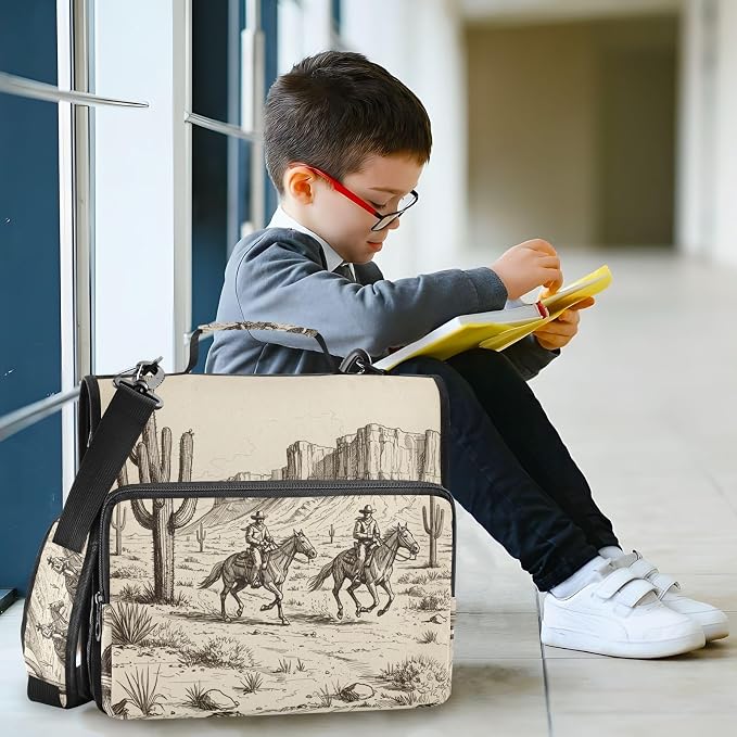 3 Ring Zipper Binder with Shoulder Strap Western Cowboy Cactus 2 Inch Zippered Binder Bag 500 Sheet Capacity Multi Pockets for School Supplies