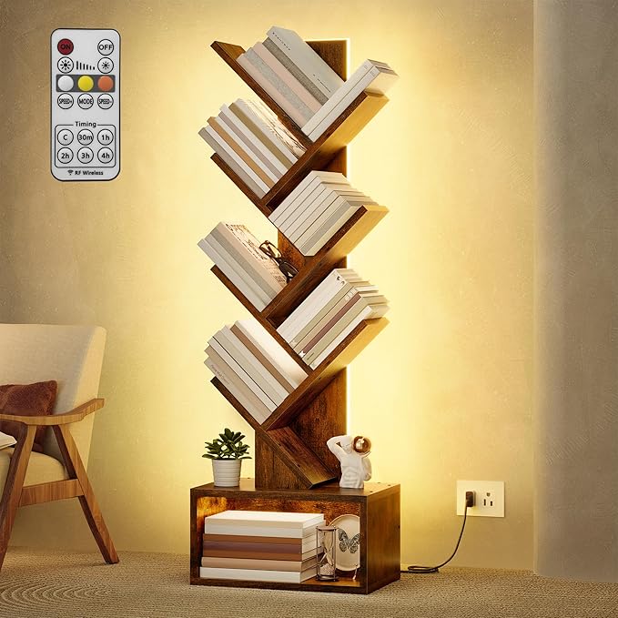 Hoctieon 6 Tier Tree Bookshelf, Tall Bookcase, Freestanding Book Shelf with LED Lights, Display Floor Standing Storage Shelf, Book Organizer Shelves for Home Office, Living Room, Rustic Brown