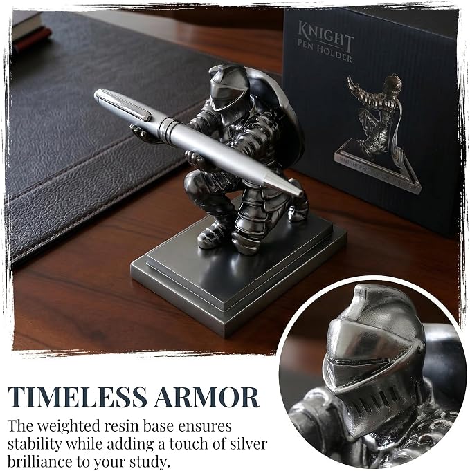 King's Guard Knight Pen Holder with Rollerball Pens, Medieval Warrior Desktop Organizer, Gothic Metal Desk Accessory Set, Silver Gift for Men