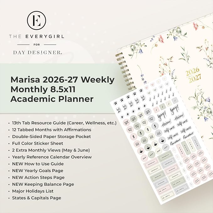 Blue Sky 2026-2027 Weekly & Monthly Academic Planner, 8.5"x11", Marisa