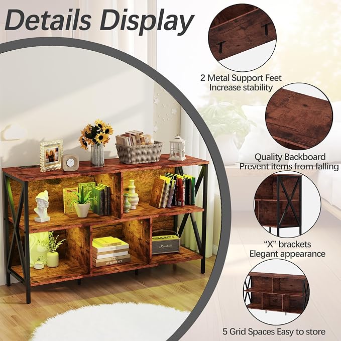 Adompacat 47" 5 Cube LED Bookshelf, Industrial Horizontal Storage Organizer, Wood Metal Low Wide Cubby Bookcase with LED Lights, Open Shelf for Living Room Bedroom Game Room(47 in, Brown)