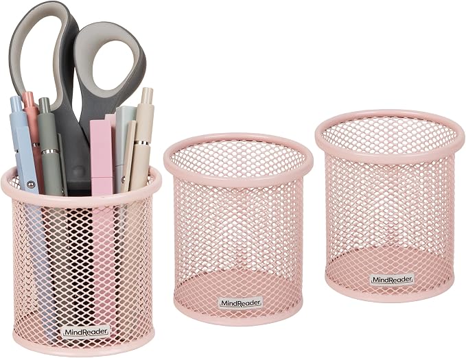 Mind Reader Pen and Accessories Holder, Desktop Organizer, Office, Metal Mesh, 3.5"L x 3.5"W x 3.75"H, Set of 3, Pink
