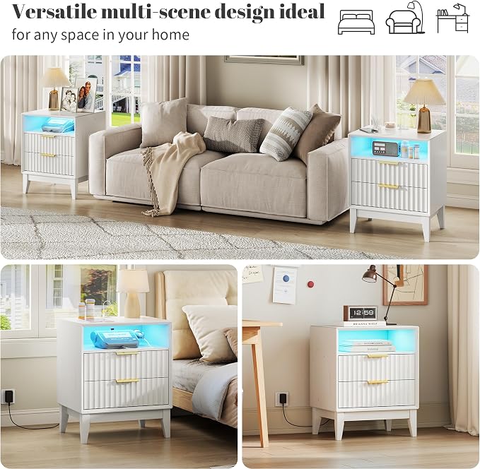 LED Nightstand Set of 2, RFID Lock, Charging Station, White | Bedside Table with Hidden Drawer, 2 Drawers, Open Cubby, Motion Sensor, USB and Type-C Ports, Night Stand for Bedroom