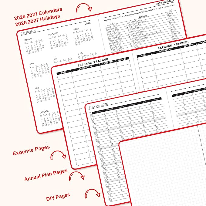 Benkaim Academic Daily Planner 2026-2027 One Page A Day (8.5"x5.8"), Calendar Book with Hourly Schedule, Appointment Book July 2026 to June 2027 Hard Cover (Red)